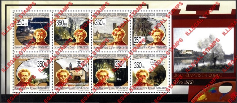 Guinea Republic 2009 Paintings Art by Jean-Baptiste Corot Illegal Stamp Souvenir Sheet of 8