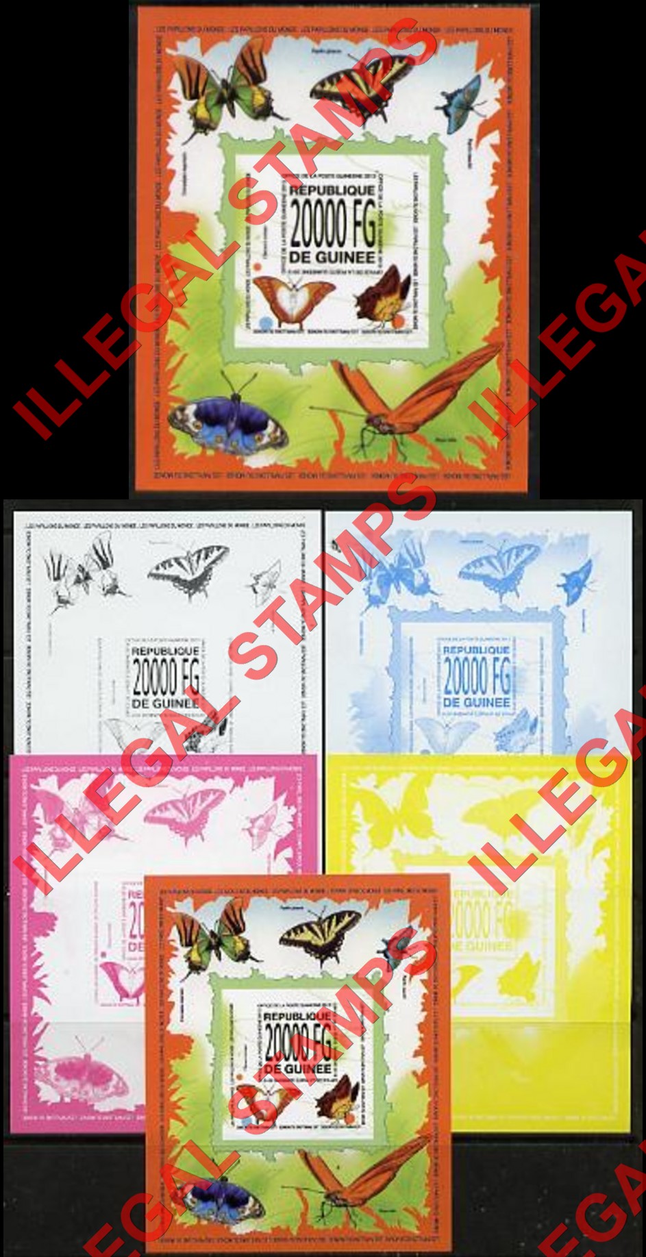 Guinea Republic 2013 Butterflies Counterfeit Illegal Stamp with Matching Color Proofs (Set 2)