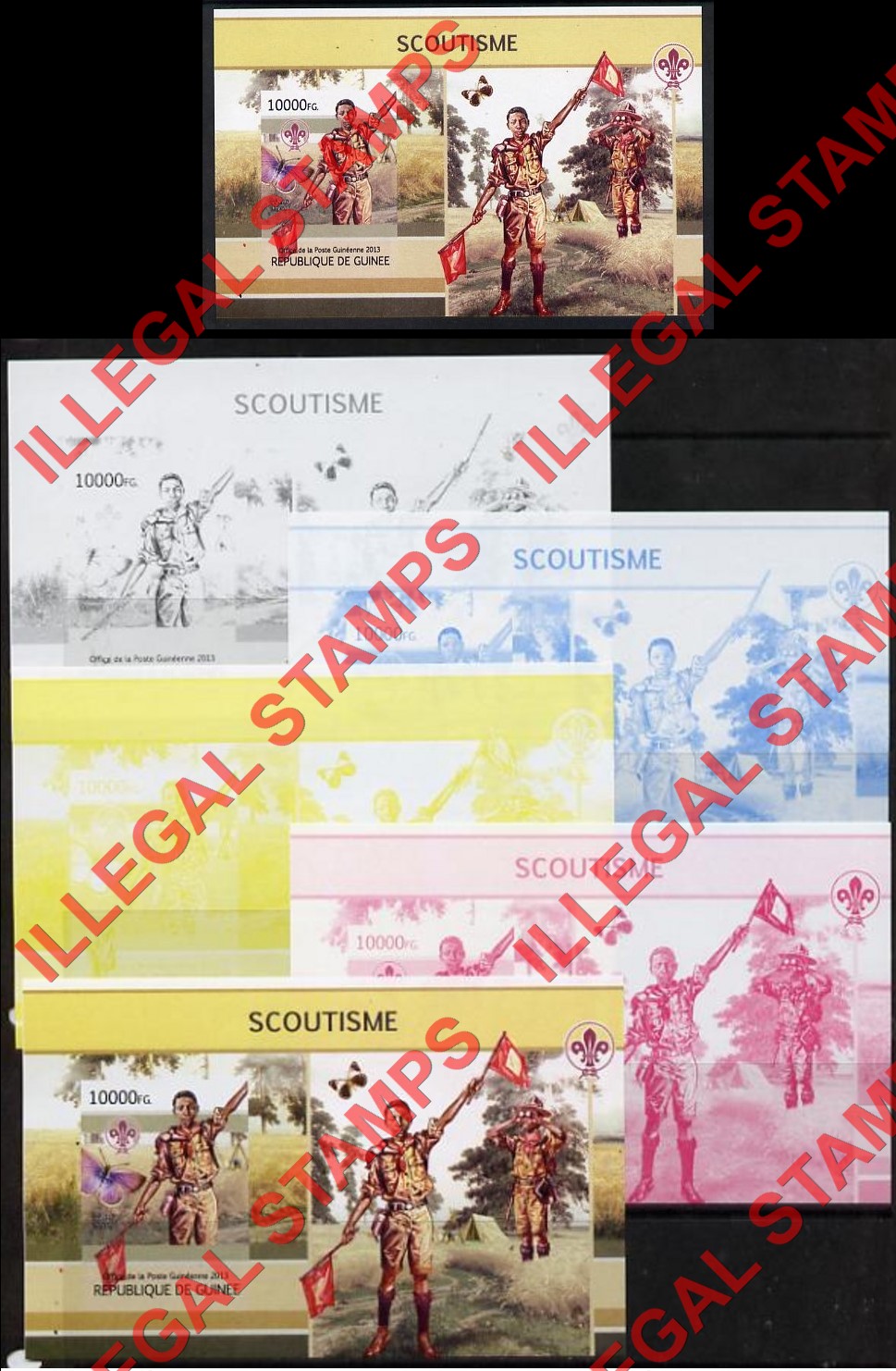 Guinea Republic 2013 Scouting Scoutisme Counterfeit Illegal Stamp with Matching Color Proofs (Set 1)