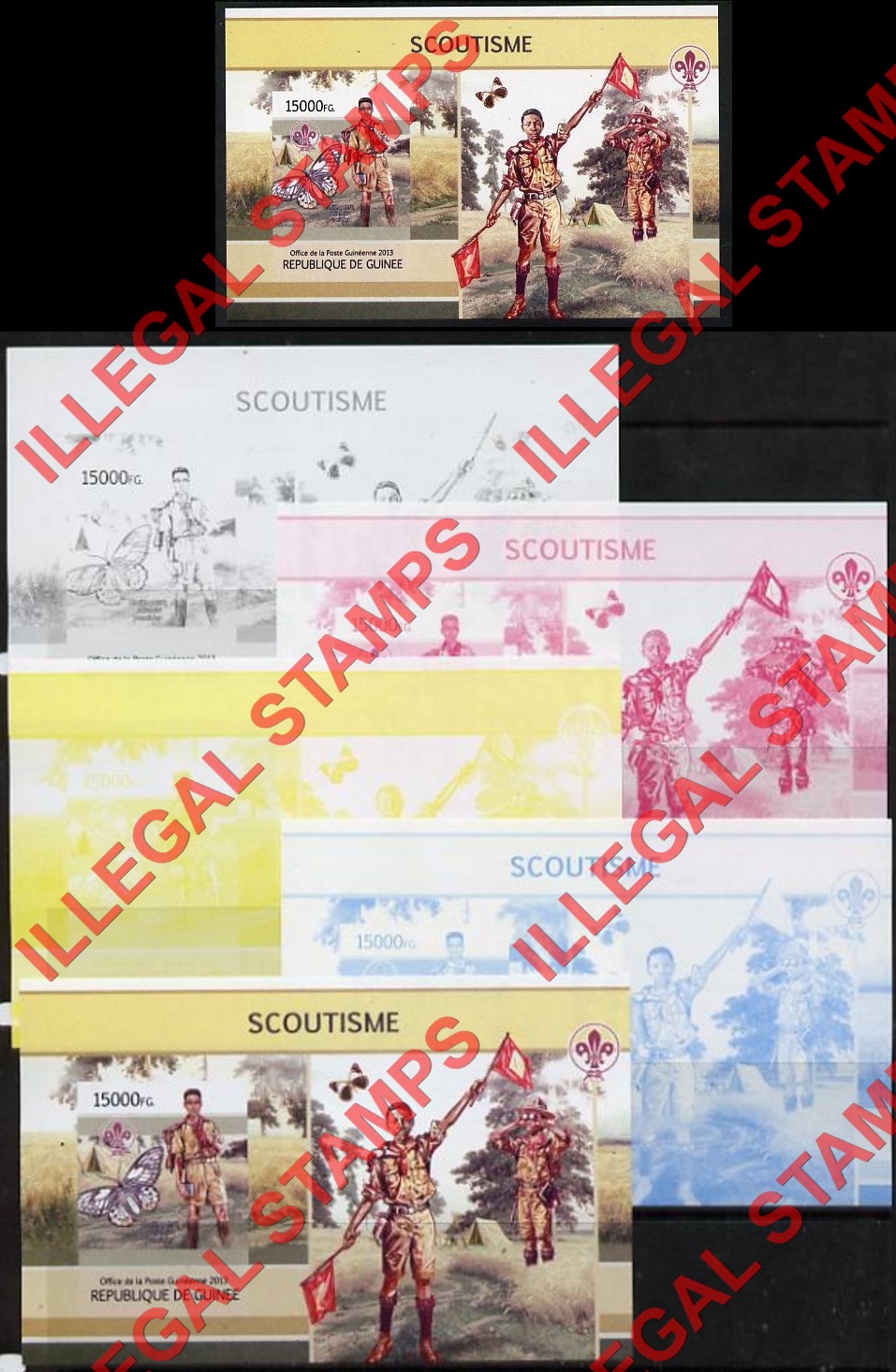 Guinea Republic 2013 Scouting Scoutisme Counterfeit Illegal Stamp with Matching Color Proofs (Set 2)