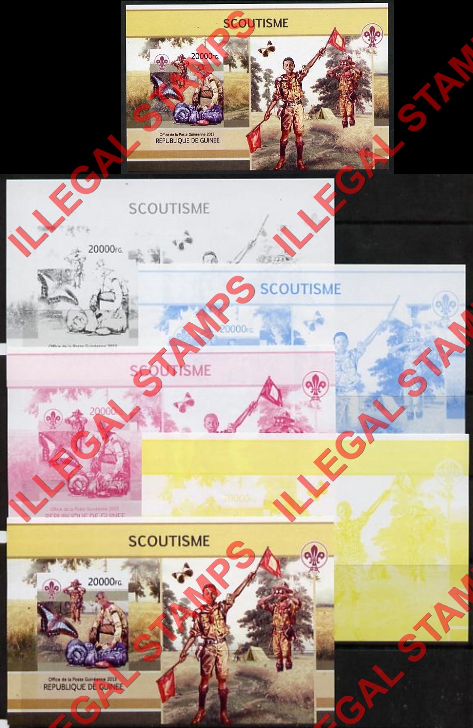 Guinea Republic 2013 Scouting Scoutisme Counterfeit Illegal Stamp with Matching Color Proofs (Set 3)