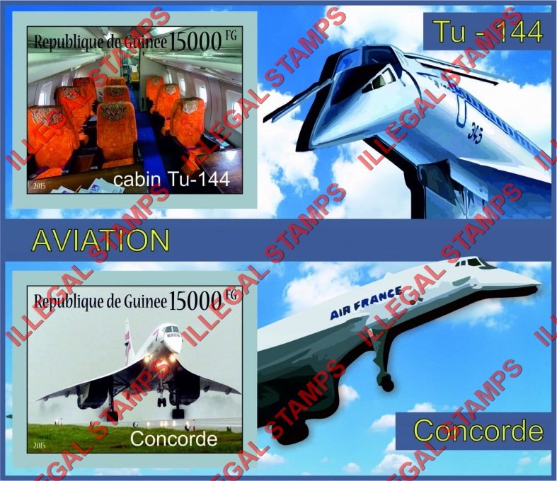 Guinea Republic 2015 Aviation Tupolev Tu-144 Concorde Illegal Stamp Souvenir Sheet of 2