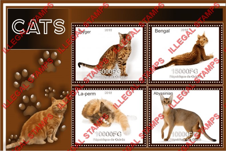Guinea Republic 2015 Cats Illegal Stamp Souvenir Sheet of 4