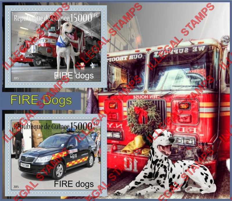 Guinea Republic 2015 Dogs Fire Dogs Illegal Stamp Souvenir Sheet of 2