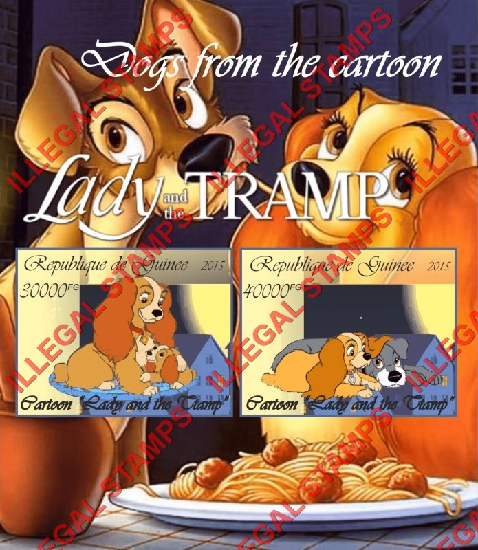 Guinea Republic 2015 Lady and the Tramp Disney Cartoon Illegal Stamp Souvenir Sheet of 2