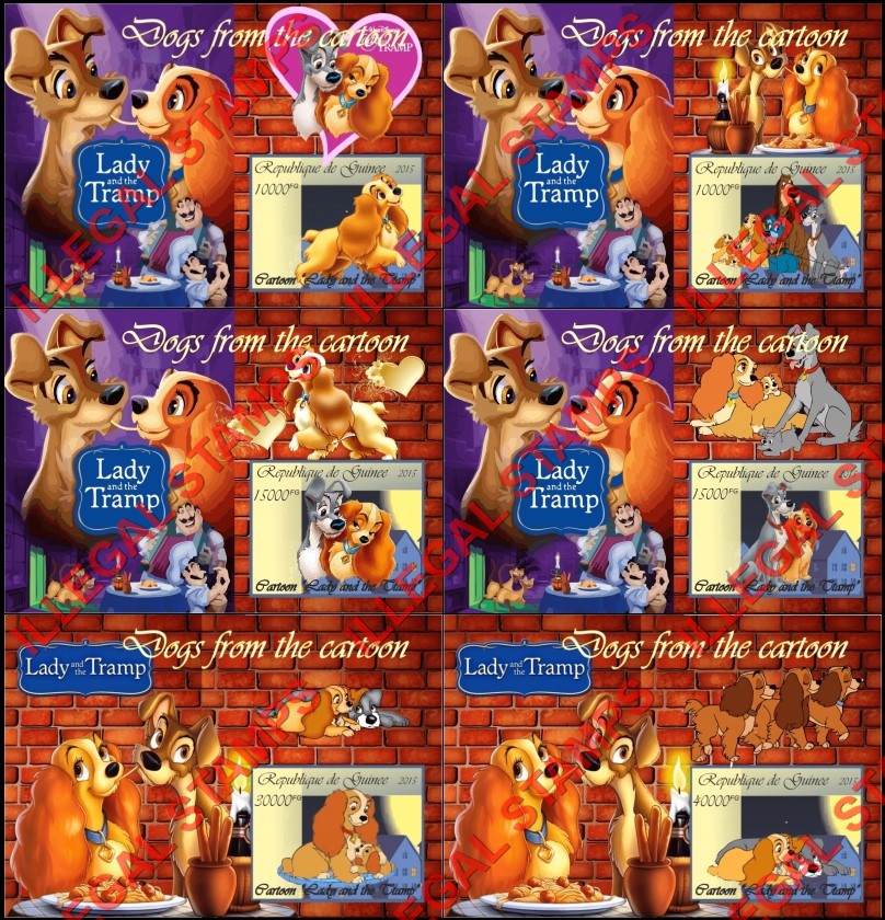 Guinea Republic 2015 Lady and the Tramp Disney Cartoon Illegal Stamp Souvenir Sheets of 1