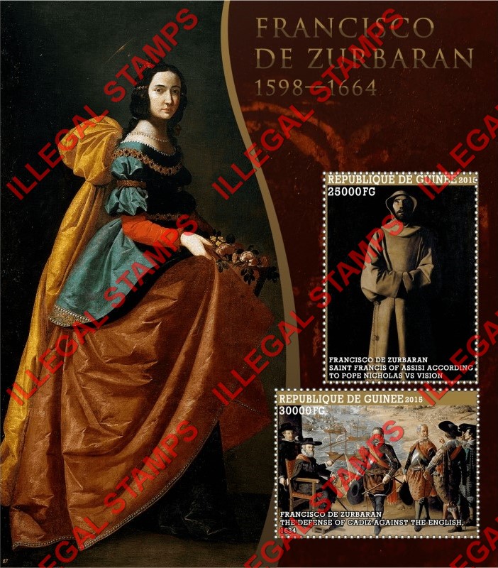 Guinea Republic 2015 Paintings by Francisco de Zurbaran Illegal Stamp Souvenir Sheet of 2