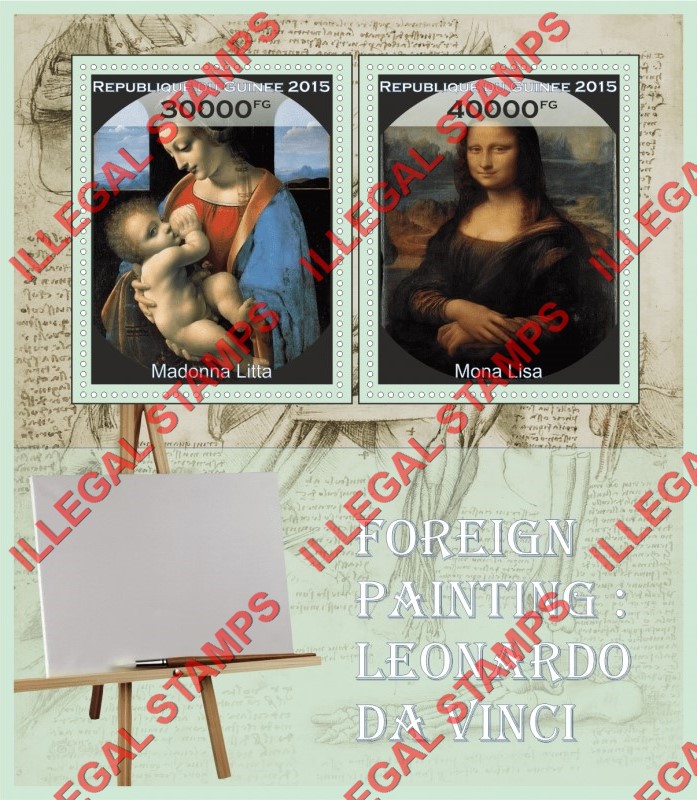 Guinea Republic 2015 Paintings by Leonardo da Vinci Illegal Stamp Souvenir Sheet of 2