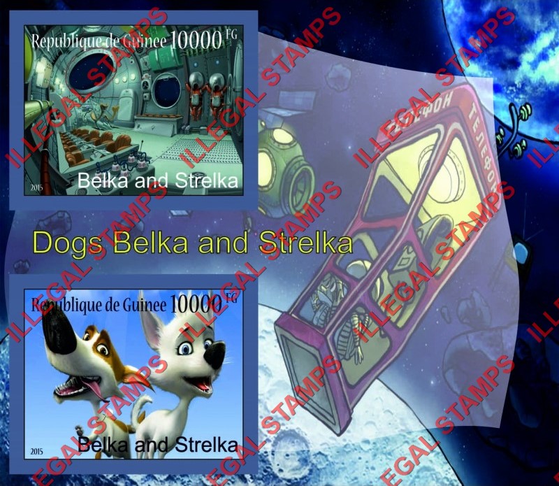 Guinea Republic 2015 Space Cartoon Belka and Strelka Dogs on the Moon Illegal Stamp Souvenir Sheet of 2
