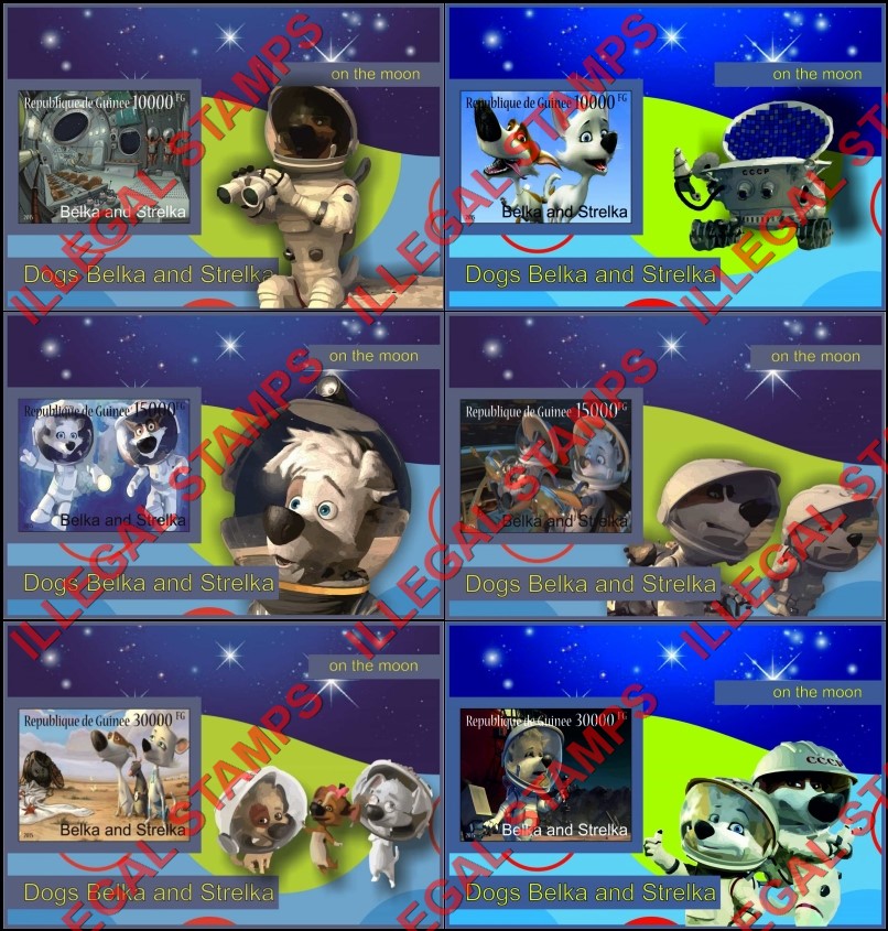 Guinea Republic 2015 Space Cartoon Belka and Strelka Dogs on the Moon Illegal Stamp Souvenir Sheets of 1