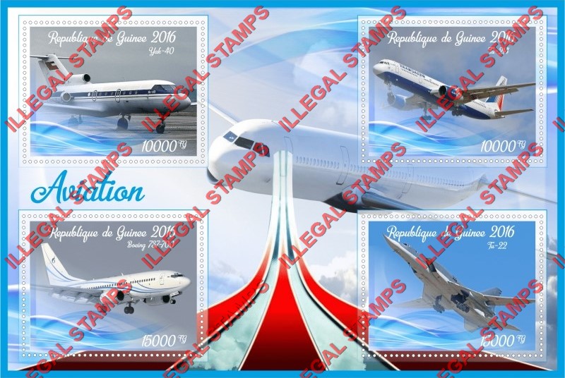 Guinea Republic 2016 Aviation Illegal Stamp Souvenir Sheet of 4