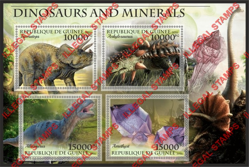 Guinea Republic 2016 Dinosaurs and Minerals Illegal Stamp Souvenir Sheet of 4