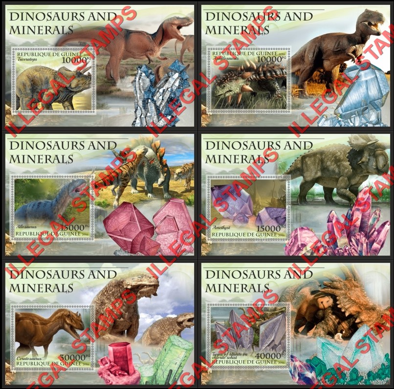 Guinea Republic 2016 Dinosaurs and Minerals Illegal Stamp Souvenir Sheets of 1