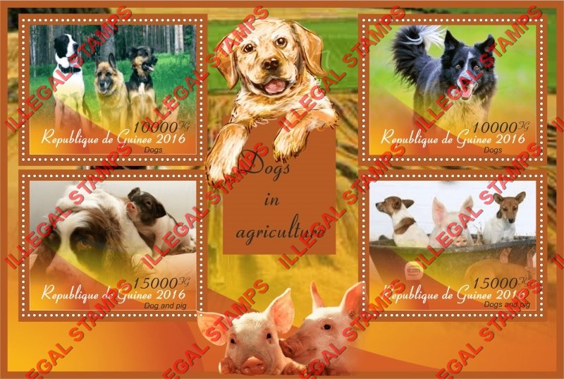Guinea Republic 2016 Dogs in Agriculture with Pigs Illegal Stamp Souvenir Sheet of 4