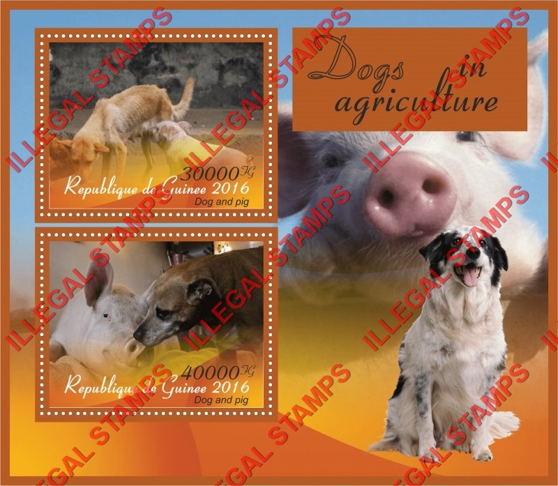 Guinea Republic 2016 Dogs in Agriculture with Pigs Illegal Stamp Souvenir Sheet of 2