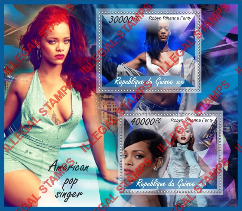 Guinea Republic 2016 Robyn Rihanna Fenty American Pop Singer Illegal Stamp Souvenir Sheet of 2