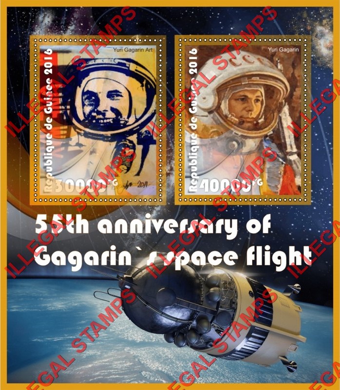 Guinea Republic 2016 Space Yuri Gagarin Illegal Stamp Souvenir Sheet of 2