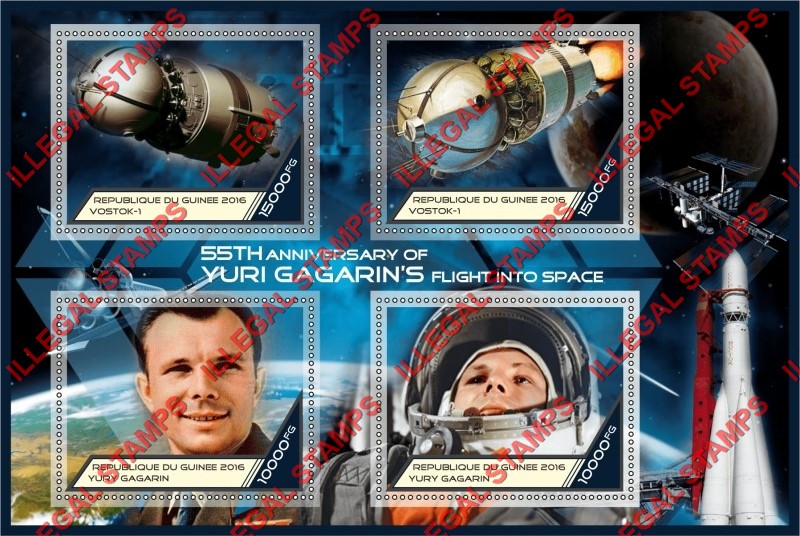 Guinea Republic 2016 Space Yuri Gagarin and Vostok-1 Illegal Stamp Souvenir Sheet of 4