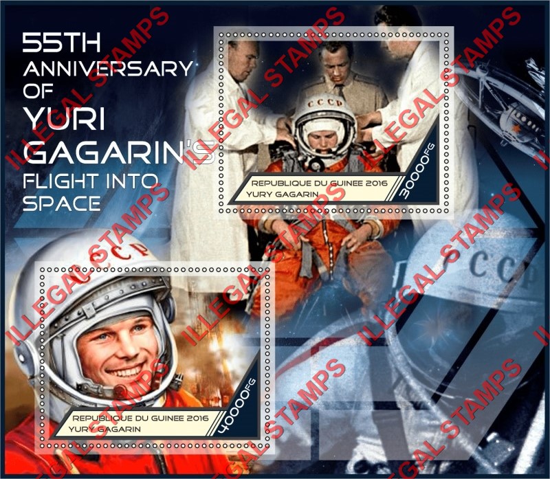 Guinea Republic 2016 Space Yuri Gagarin and Vostok-1 Illegal Stamp Souvenir Sheet of 2