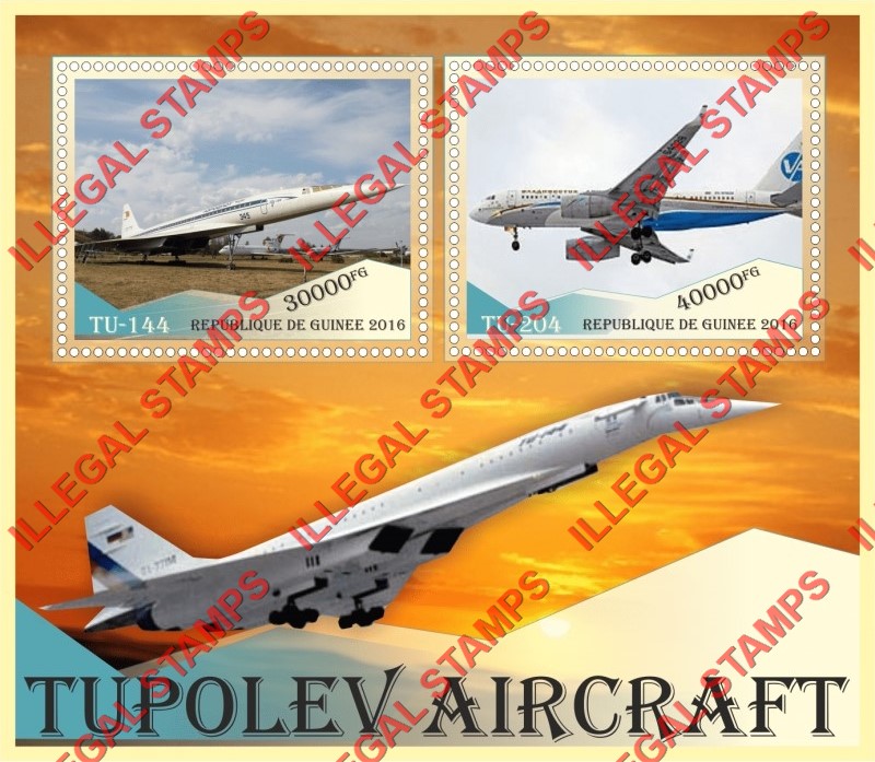 Guinea Republic 2016 Tupolev Aircraft (different) Illegal Stamp Souvenir Sheet of 2