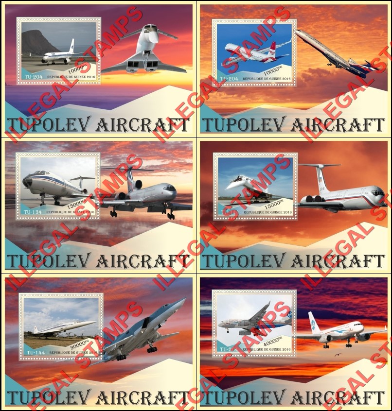 Guinea Republic 2016 Tupolev Aircraft (different) Illegal Stamp Souvenir Sheets of 1