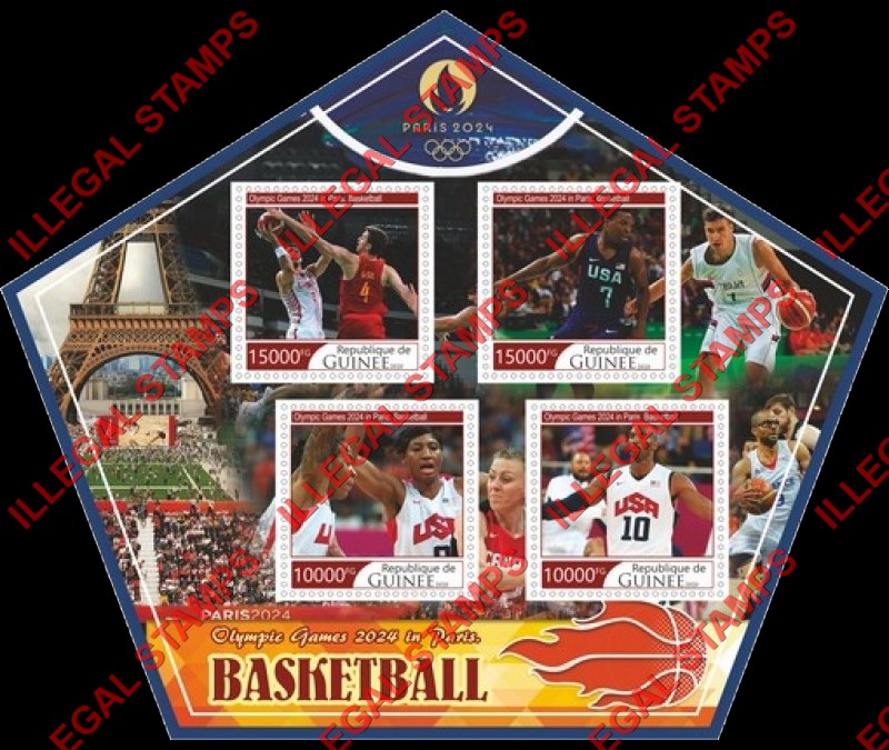Guinea Republic 2020 Olympic Games in Paris in 2024 Basketball Illegal Stamp Souvenir Sheet of 4