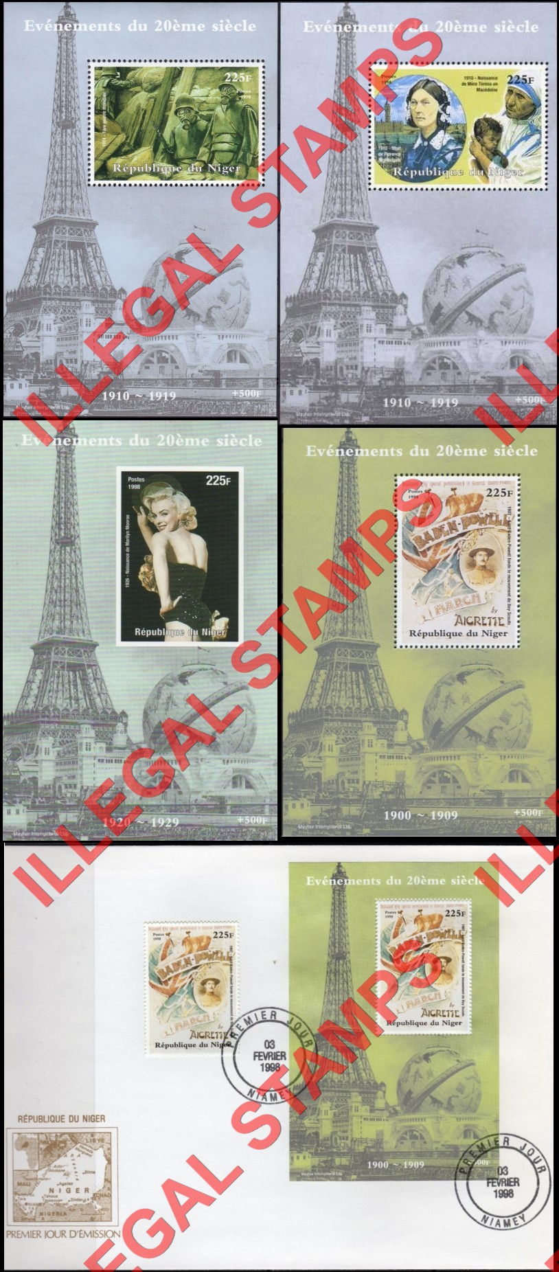 Niger 1998 Events of the 20th Century Illegal Stamp Souvenir Sheets of 1