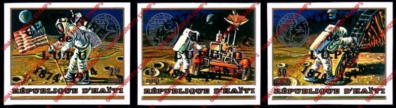 Haiti 1973 Unauthorized Space Exploration Stamp Set of 3 Overprinted for Centenary of the UPU with Additional Silver Apollo 17 Overprint