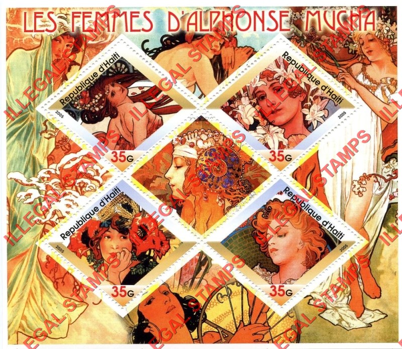 Haiti 2005 Alphonse Mucha Paintings of Women Illegal Stamp Souvenir Sheet of 4 Plus Label
