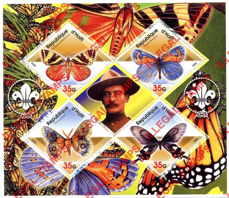 Haiti 2005 Butterflies Scouts Logo's Illegal Stamp Souvenir Sheet of 4 Plus Baden Powell Label