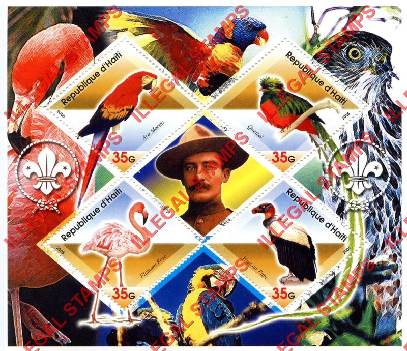 Haiti 2005 Exotic Birds Scouts Logo's Illegal Stamp Souvenir Sheet of 4 Plus Baden Powell Label