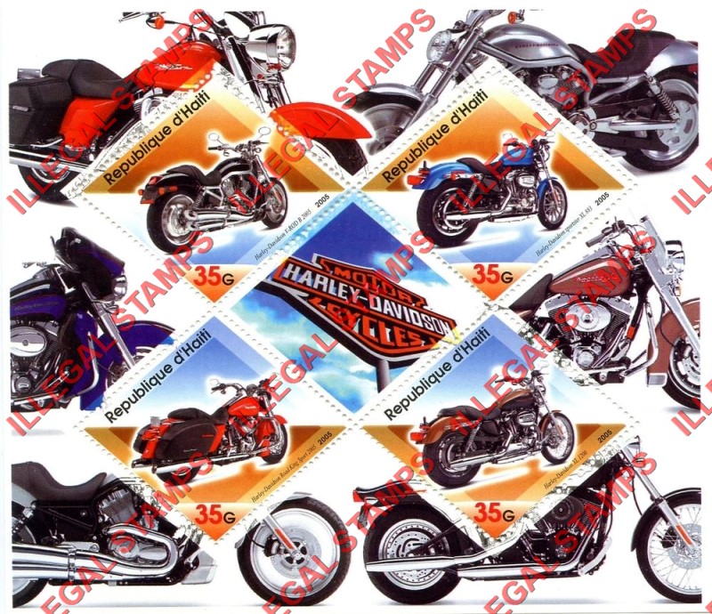 Haiti 2005 Harley Davidson Motorcycles Illegal Stamp Souvenir Sheet of 4 Plus Label