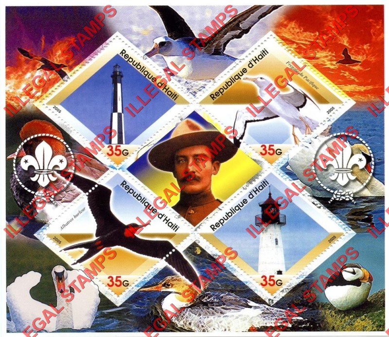 Haiti 2005 Lighthouses Birds Scouts Logo's Illegal Stamp Souvenir Sheet of 4 Plus Baden Powell Label