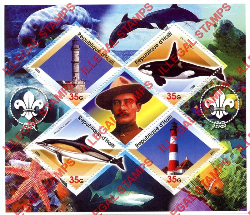 Haiti 2005 Lighthouses Dolphin Orca Scouts Logo's Illegal Stamp Souvenir Sheet of 4 Plus Baden Powell Label