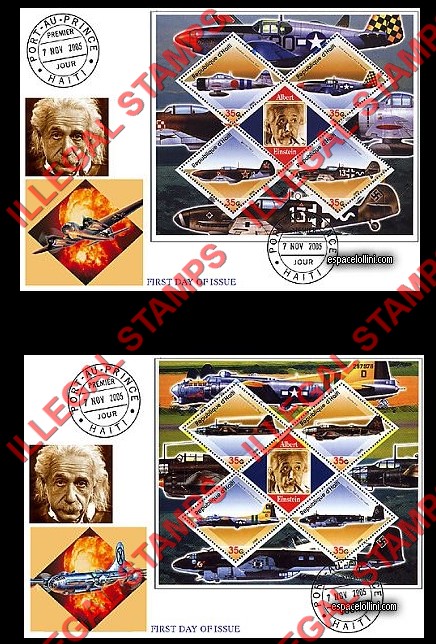 Haiti 2005 Military Aircraft Illegal Stamp Souvenir Sheets of 4 Plus Albert Einstein Label on Fake First Day Covers