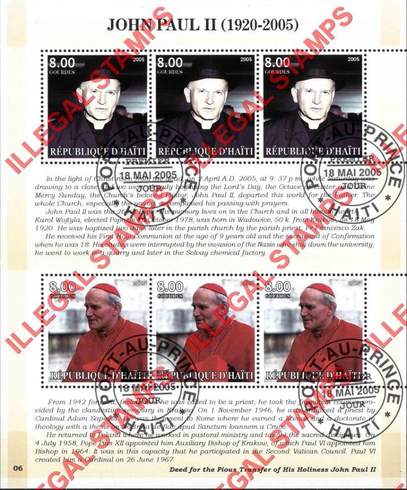 Haiti 2005 Pope John Paul II Illegal Stamp Souvenir Sheet of 6 eight gourdes