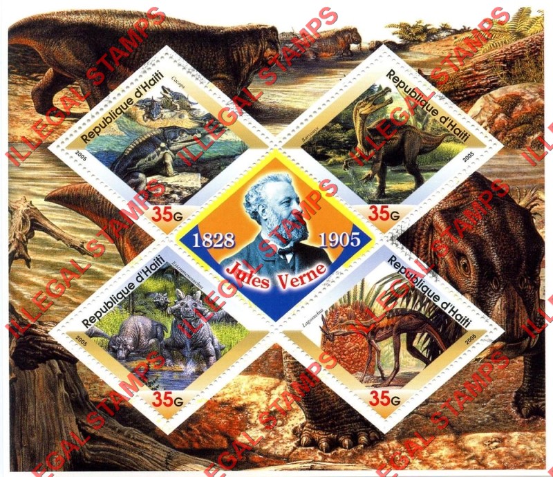 Haiti 2005 Prehistoric Dinosaurs Illegal Stamp Souvenir Sheet of 4 Plus Jules Verne Label
