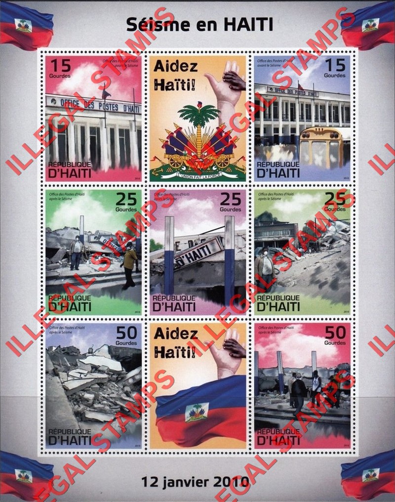 Haiti 2010 Earthquake in Haiti Red Cross Relief Illegal Stamp Souvenir Sheet of 7 Plus 2 Labels