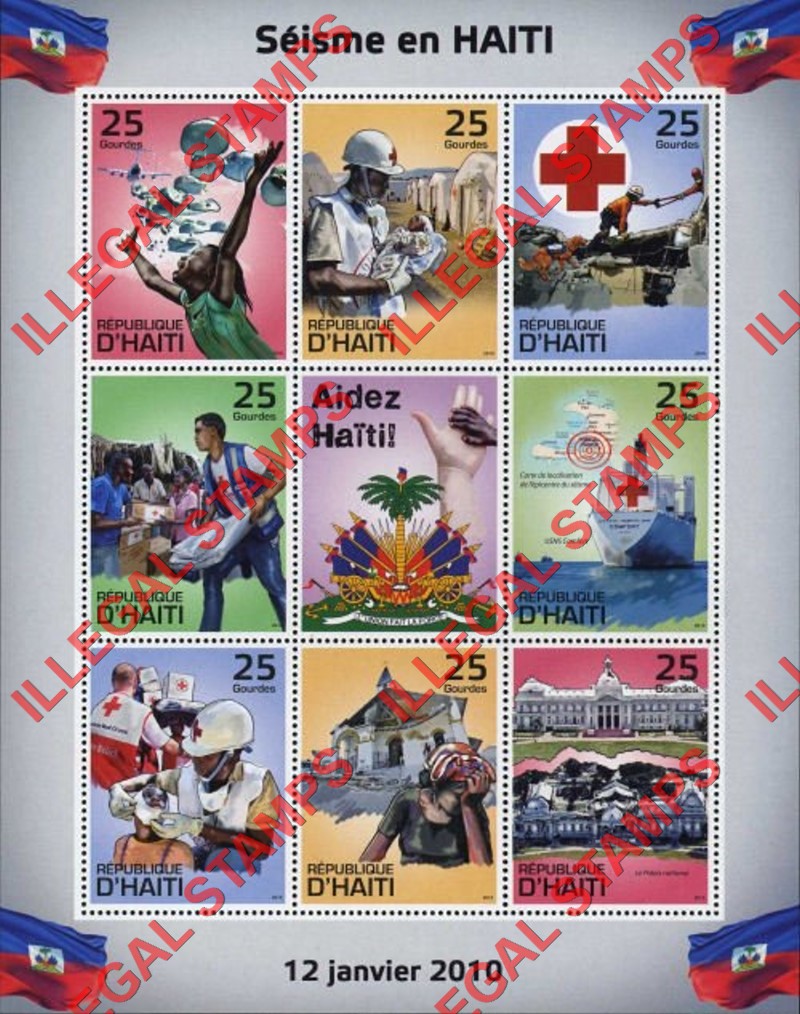 Haiti 2010 Earthquake in Haiti Red Cross Relief Illegal Stamp Souvenir Sheet of 8 Plus 1 Label