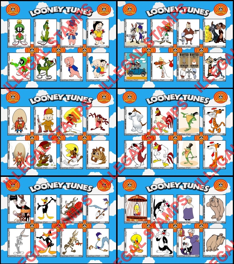 Haiti 2015 Warner Brothers Looney Tunes Multiple Comic Characters Illegal Stamp Souvenir Sheets of 8 (Part 2)