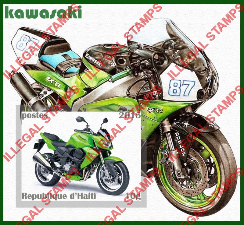 Haiti 2015 Motorcycles Kawasaki Illegal Stamp Souvenir Sheets of 1 (Part 1)