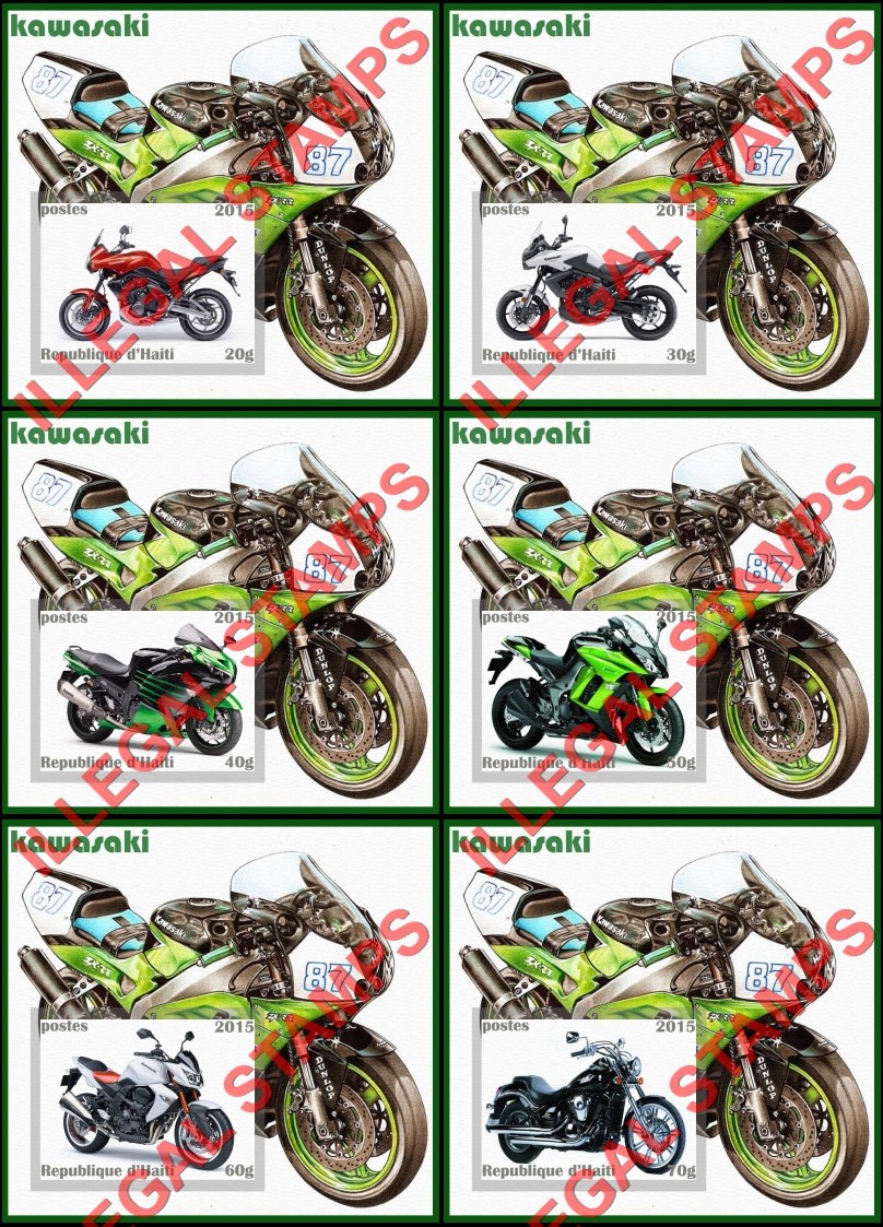 Haiti 2015 Motorcycles Kawasaki Illegal Stamp Souvenir Sheets of 1 (Part 2)