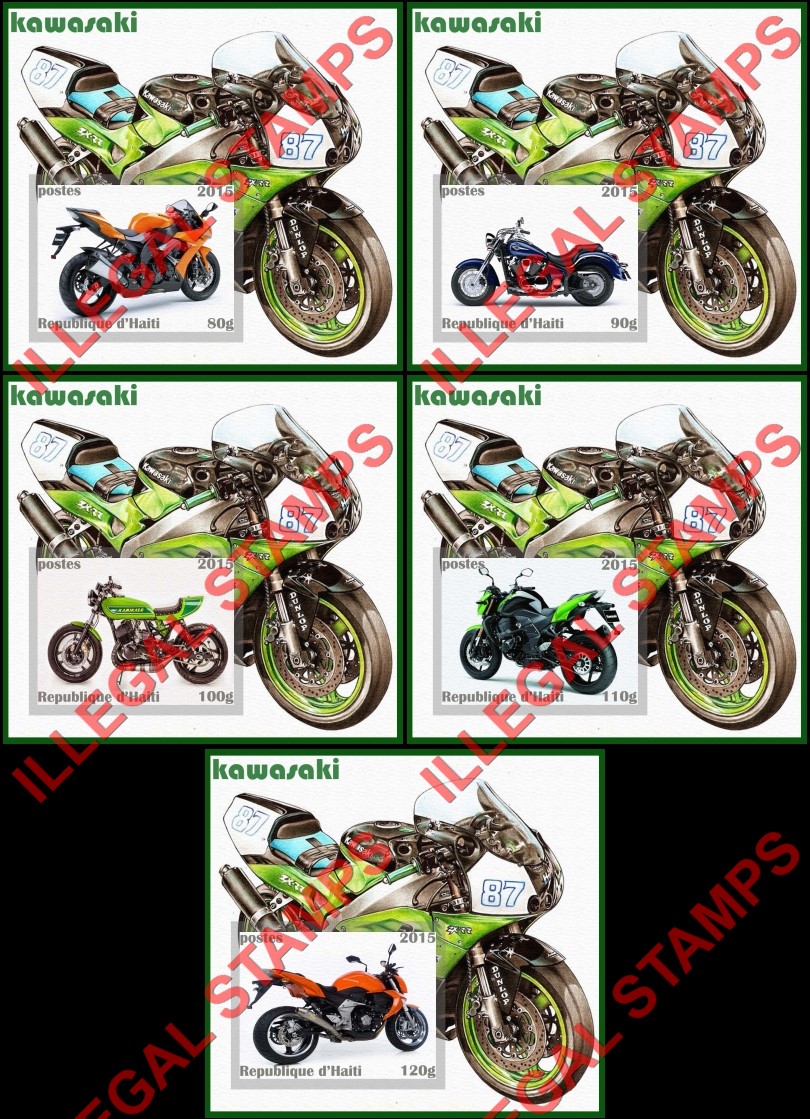 Haiti 2015 Motorcycles Kawasaki Illegal Stamp Souvenir Sheets of 1 (Part 3)