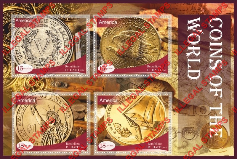 Haiti 2016 Coins of the World Illegal Stamp Souvenir Sheet of 4