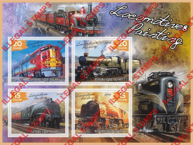 Haiti 2016 Locomotives Paintings Illegal Stamp Souvenir Sheet of 4