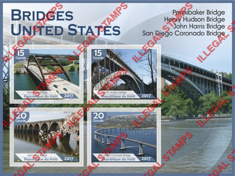 Haiti 2017 Bridges in the United States Illegal Stamp Souvenir Sheet of 4