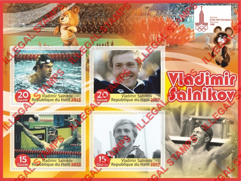 Haiti 2017 Olympic Games in Moscow 1980 Vladimir Salnikov Illegal Stamp Souvenir Sheet of 4