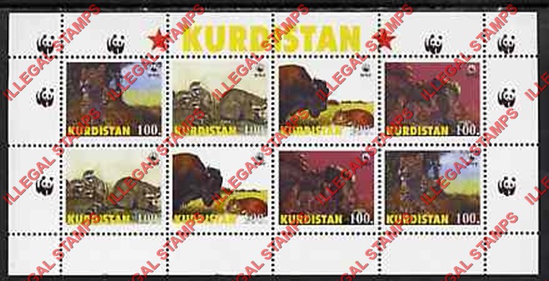 Kurdistan 1998 WWF Animals Illegal Stamp Souvenir Sheet of 8