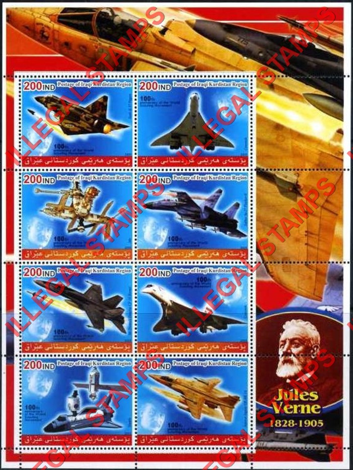 Kurdistan 2005 Aircraft and Jules Verne Illegal Stamp Souvenir Sheet of 8
