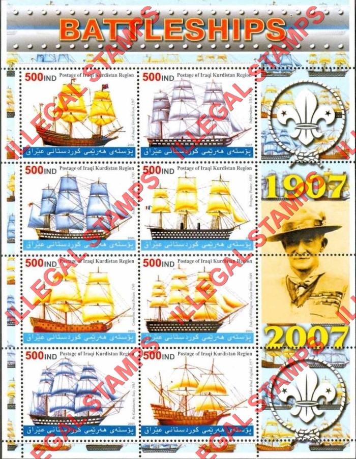 Kurdistan 2005 Battleships Sailing Ships and Scouts Baden Powell Illegal Stamp Souvenir Sheet of 8